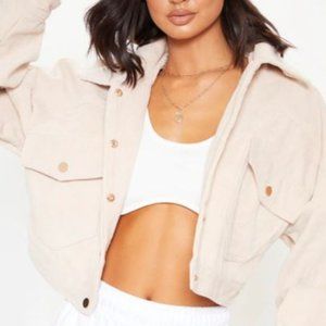 PrettyLittleThing Stone Cropped Trucker Jacket